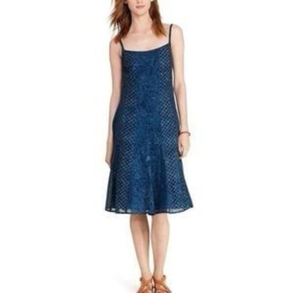 Lauren Ralph Lauren  100% Cotton Indigo Batik Mix Media Flare Slip Midi Dress - Picture 1 of 8